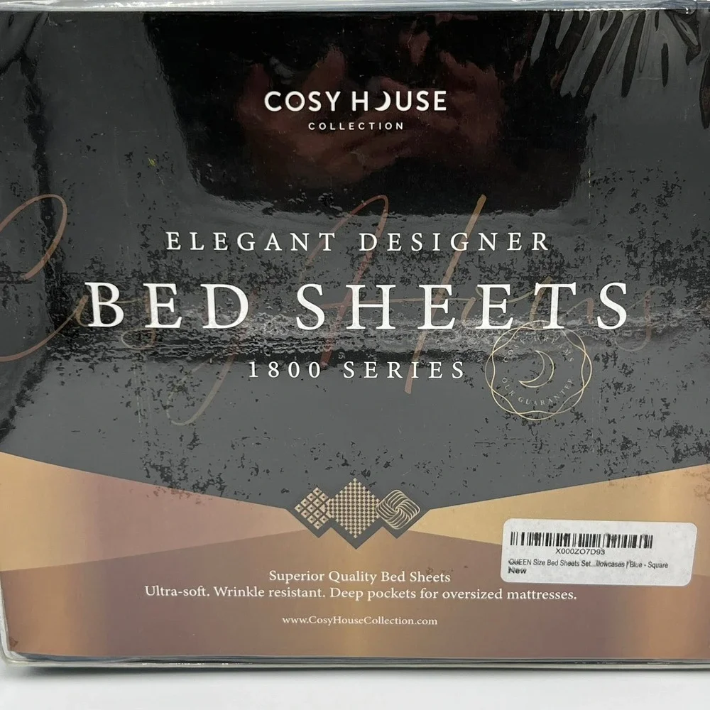 Cosy House Collection Queen Bed Sheets Blue 1800 Series Square Pattern New